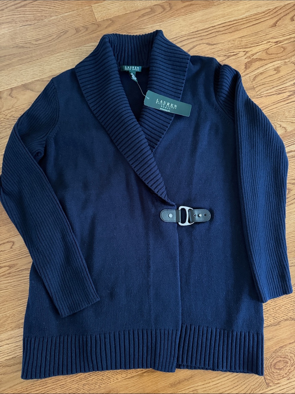 Lauren Ralph Lauren Navy Shawl-Collar Wrap Cardigan Buckle fall layering NWT 1X